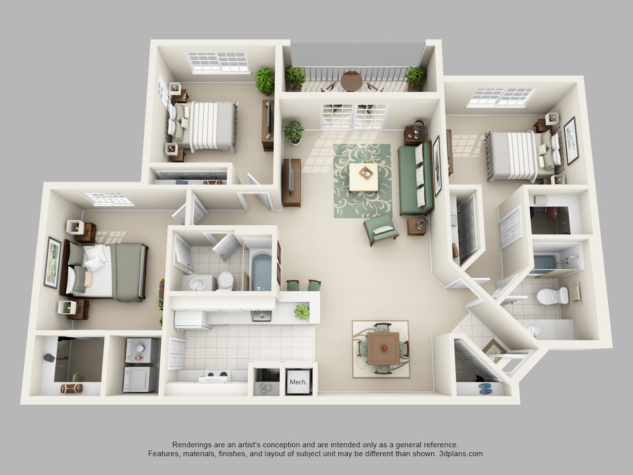 Floor plan for 3 beds, 2 baths, 1313 sqft